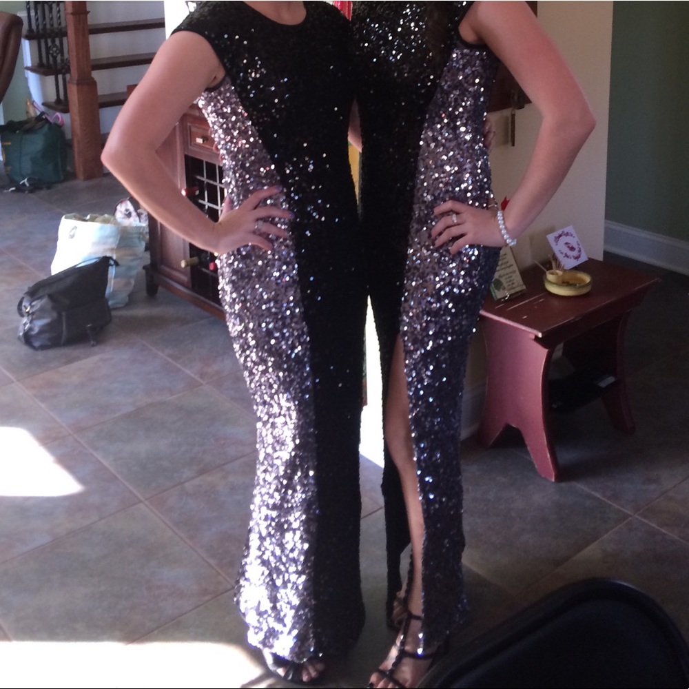 Women’s black and silver maxi sequin dress w/ slit